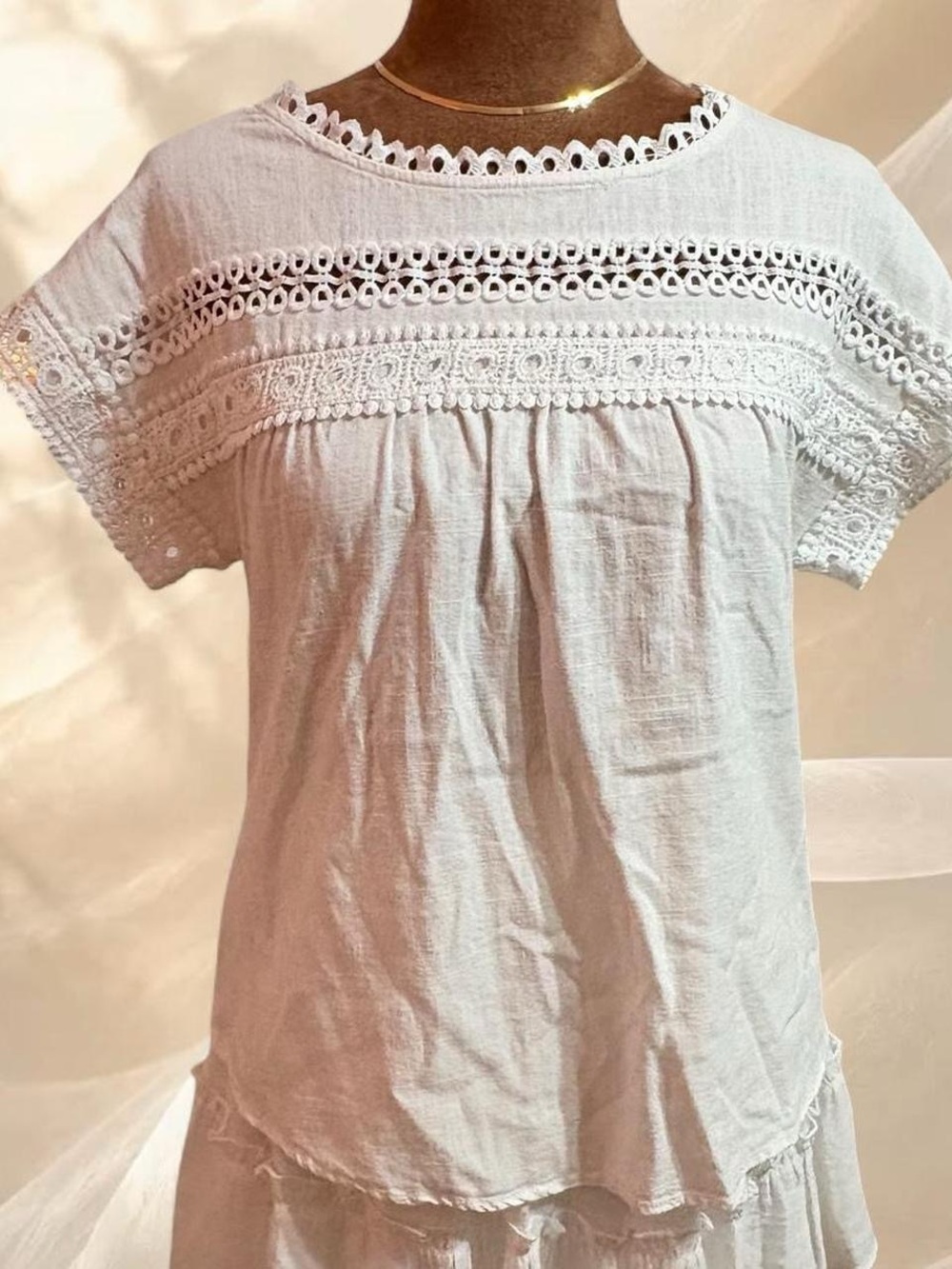 Blu Pepper White Gauze Blouse Boho Eyelet Crochet Lace Short Sleeve Small